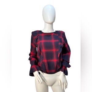 Kensie Navy Blue Red Plaid Blouse Size Small Chic Casual Preppy Top Lightweight